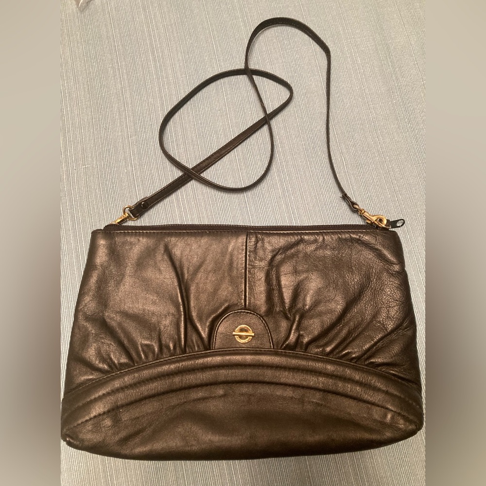 Vintage Black Leather Clutch Purse with Removable Strap